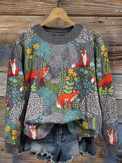 Ilene - fox in the forest print cozy vintage sweater