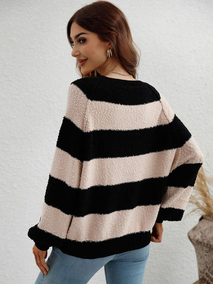 Chelo - striped raglan sleeve ribbed trim knit top