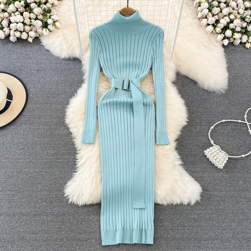 Women's belted turtleneck bodycon knitted dress