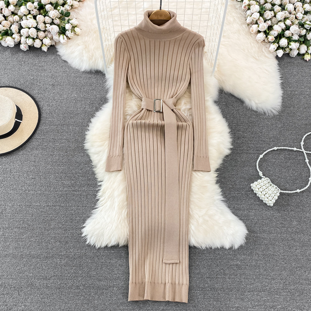 Women's belted turtleneck bodycon knitted dress