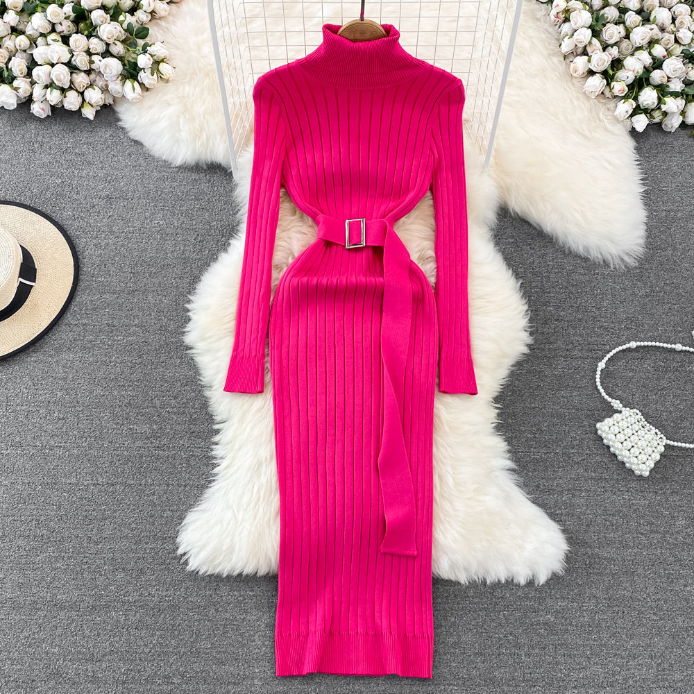 Women's belted turtleneck bodycon knitted dress