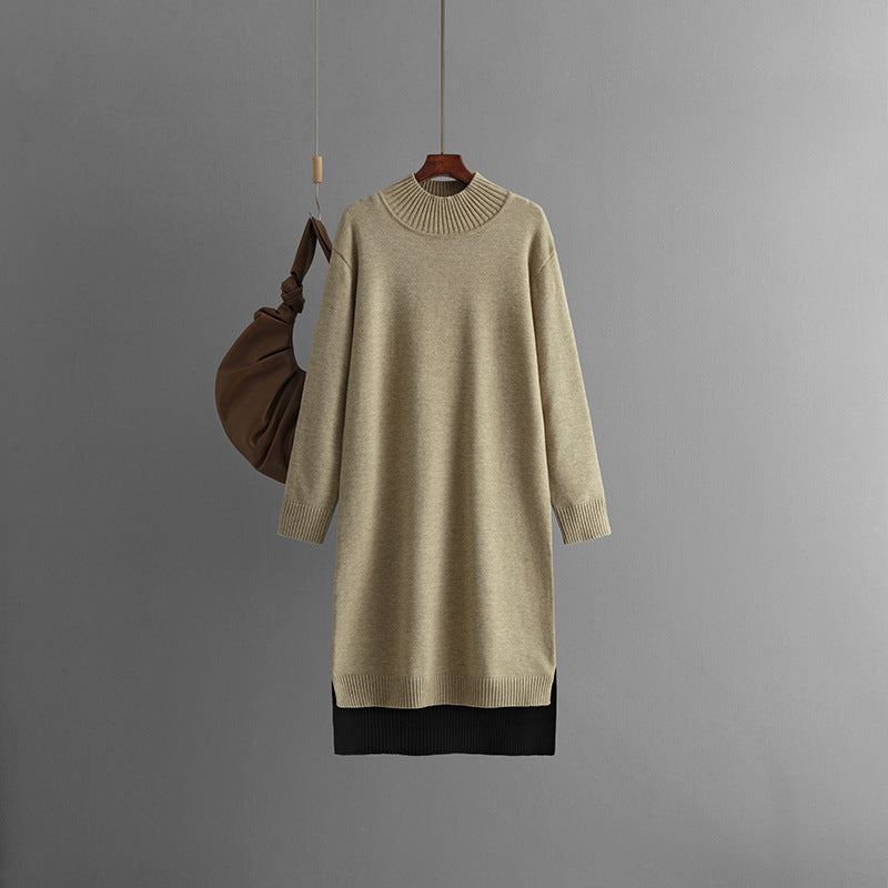 Women's knee-length half-high collar knitted sweater dress