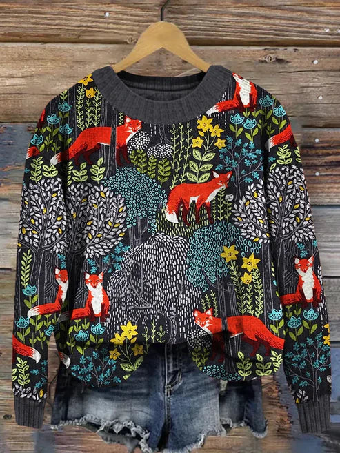 Ilene - fox in the forest print cozy vintage sweater