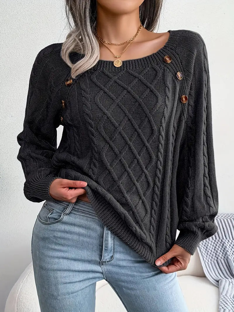 Daphne - square neck button cable knit pullover sweater