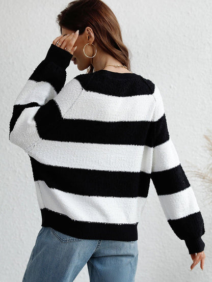 Chelo - striped raglan sleeve ribbed trim knit top