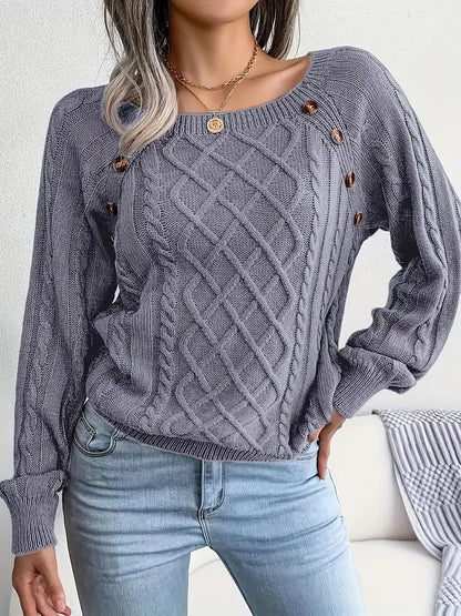 Daphne - square neck button cable knit pullover sweater