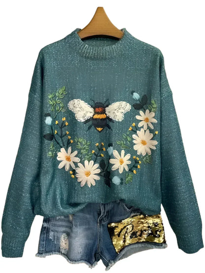 3D printed flowers fox bee knitted pullover sweater for women