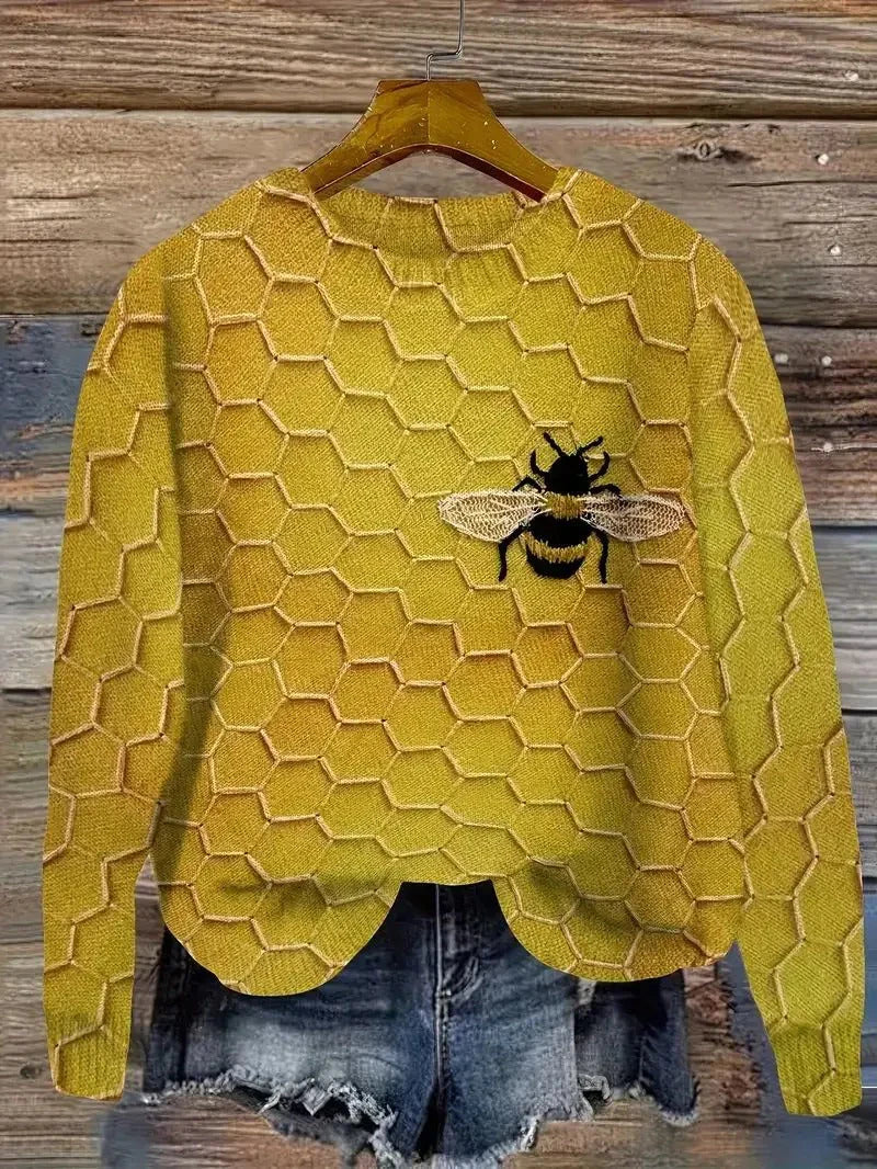 3D printed flowers fox bee knitted pullover sweater for women