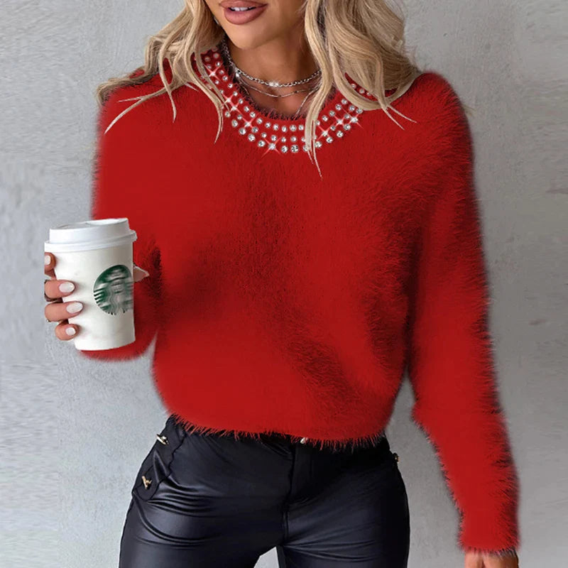 Women's beaded fur collar short knit sweater