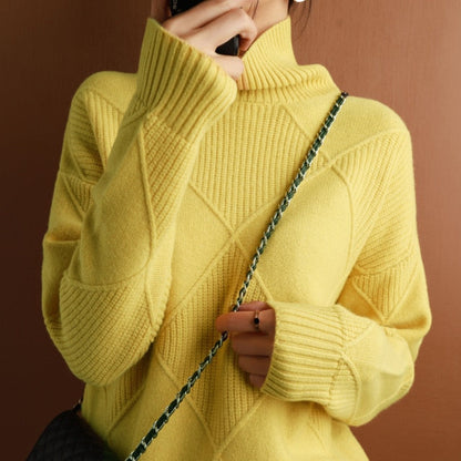 Women's casual turtleneck diamond pattern sweater