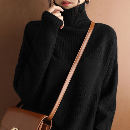 Women's casual turtleneck diamond pattern sweater